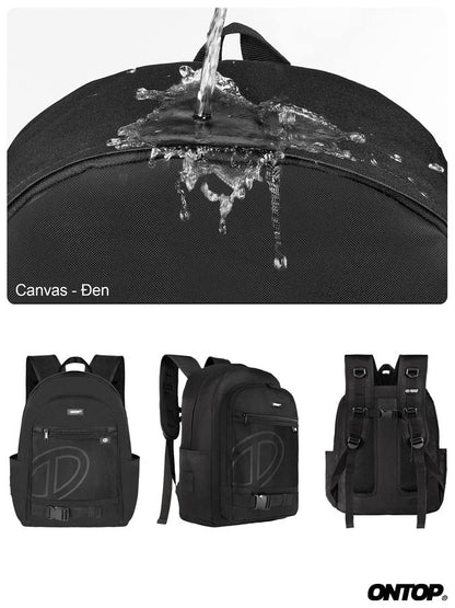 Black backpack with water splash effect and ONTOP branding