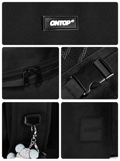Black bag with 'ONTOP' branding, showing details like zipper, buckle, and keychain.