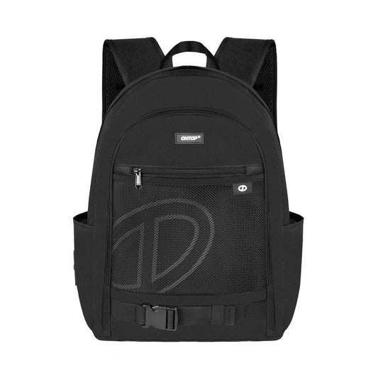 Black backpack with a visible brand logo on a white background