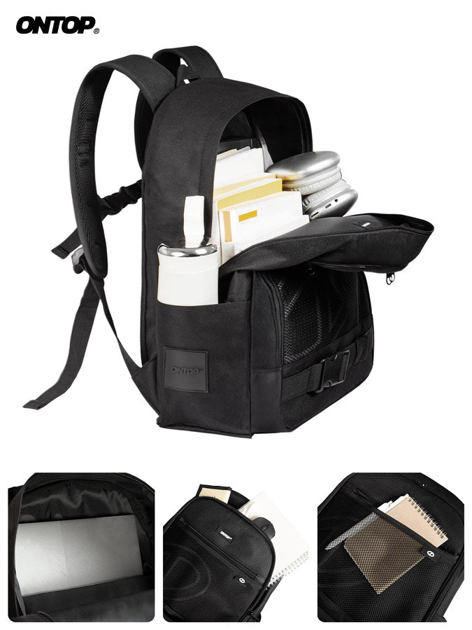 Black backpack with compartments and items, featuring the brand 'ONTOP'.