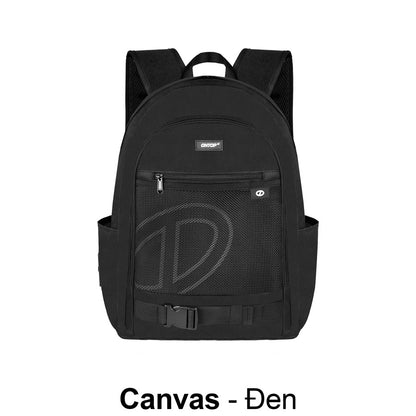 Black backpack with visible brand logo on a white background