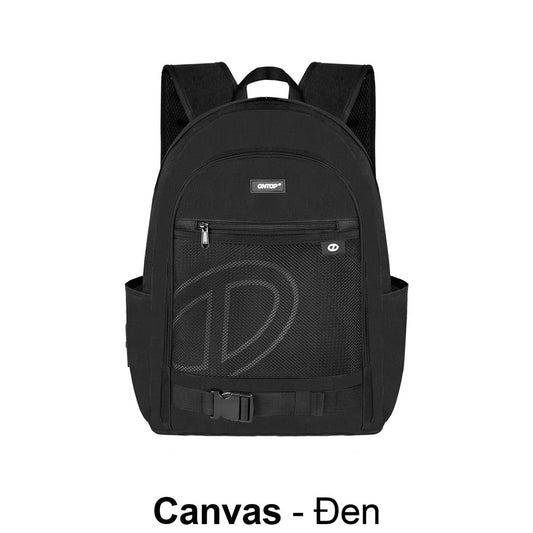 Black backpack with visible brand logo on a white background