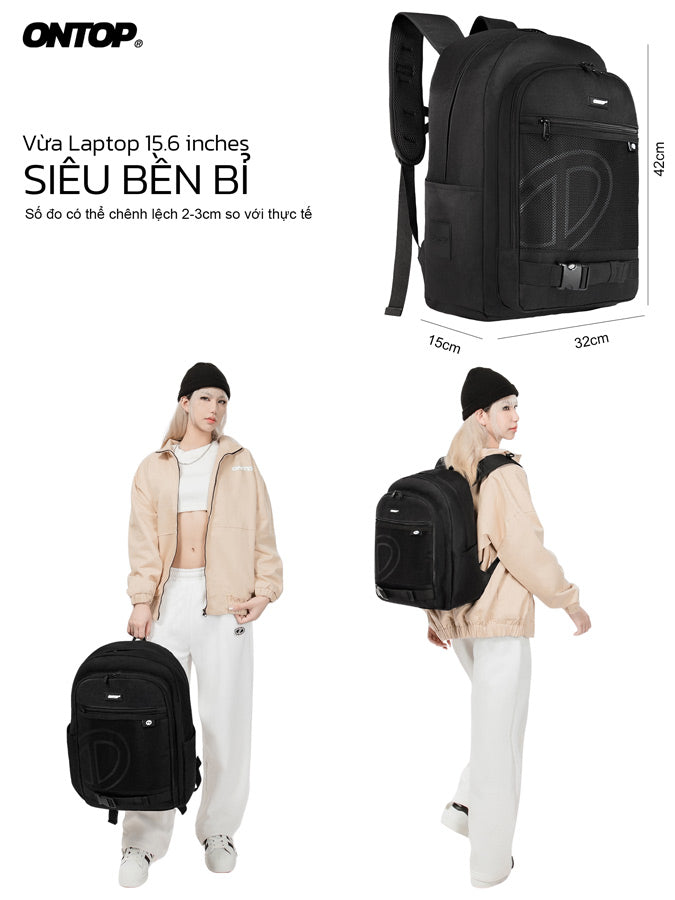 Black backpack with measurements and a person wearing it, featuring the brand 'ONTOP'.