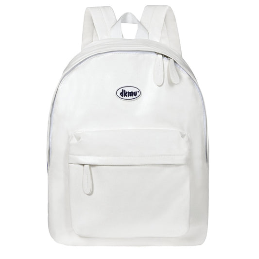 White backpack with a brand logo on a white background