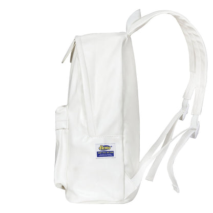 White backpack with a visible brand logo on a white background
