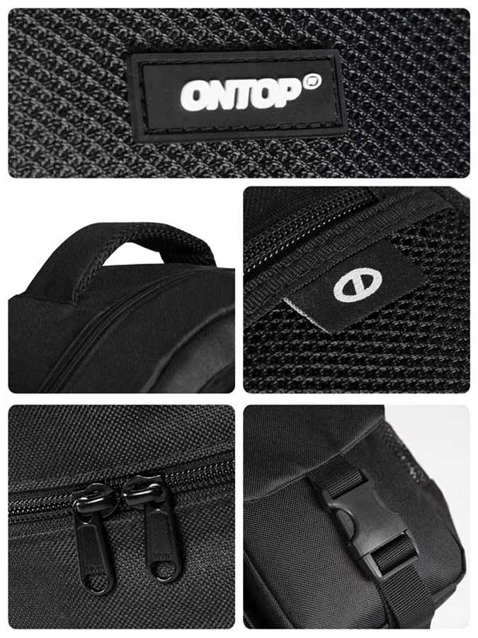 Black bag with 'ONTOP' branding and features including a handle, zipper, and strap.