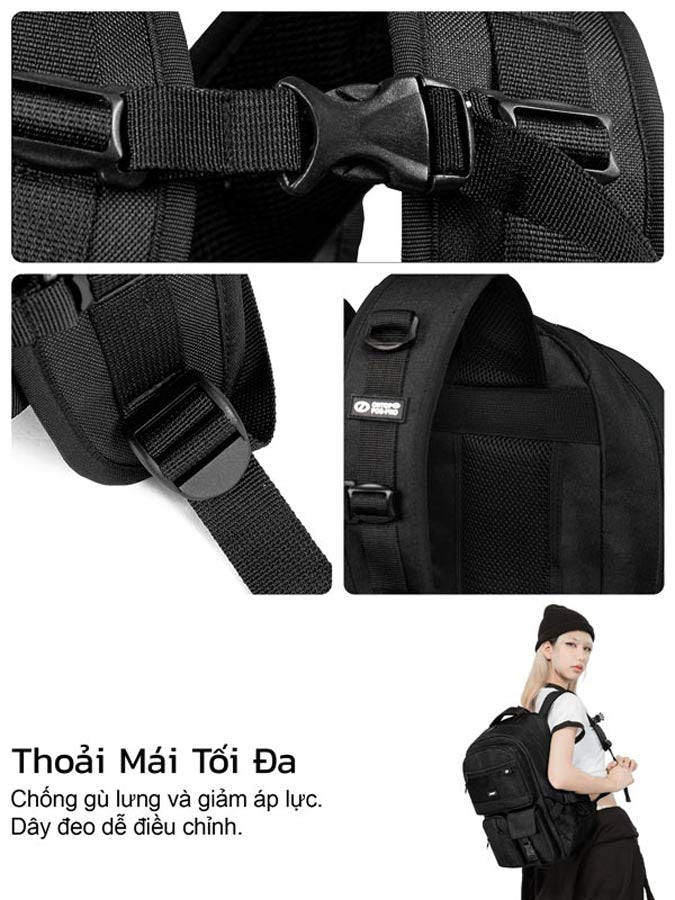 Black tactical backpack with adjustable straps and a person wearing it.