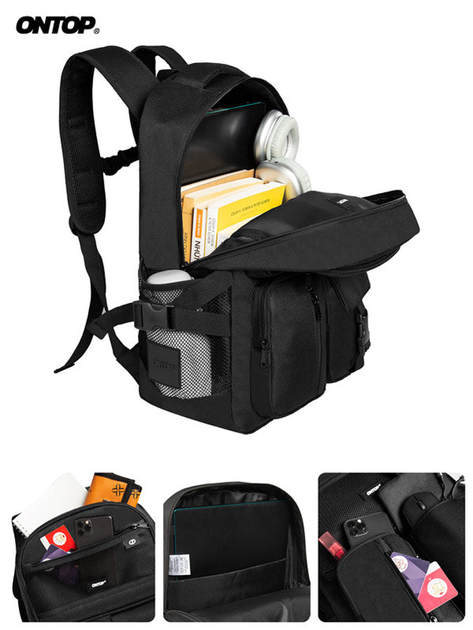 Black backpack with compartments and items, featuring the brand 'ONTOP'.