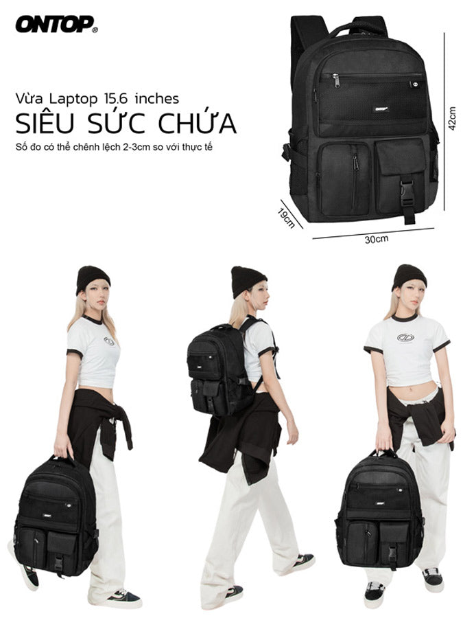 Black backpack with measurements and a person wearing it, featuring the brand 'ONTOP'.