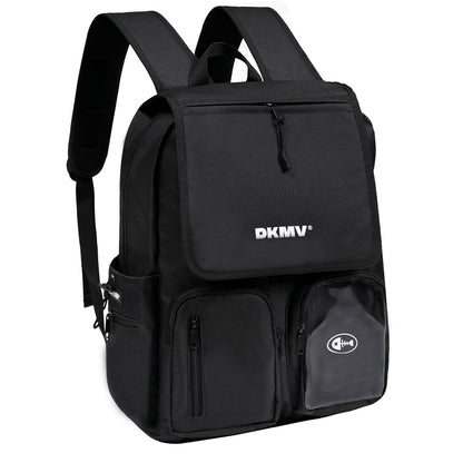 Black backpack with visible 'DKMV' logo on a white background
