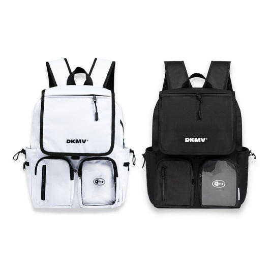 Two backpacks, one white and one black, with 'DKMV' branding on a white background.