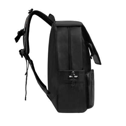 Black backpack with visible brand logo on a white background