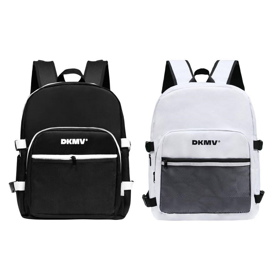 Black and white backpacks with 'DKMV' branding on a white background