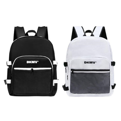 Black and white backpacks with 'DKMV' branding on a white background