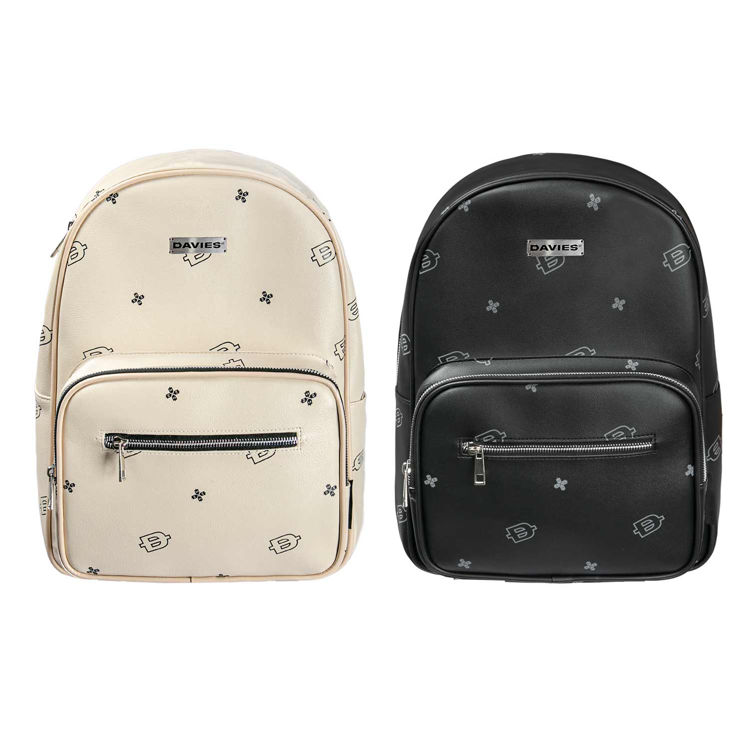 Two backpacks, one beige and one black, with a visible brand logo on a white background.