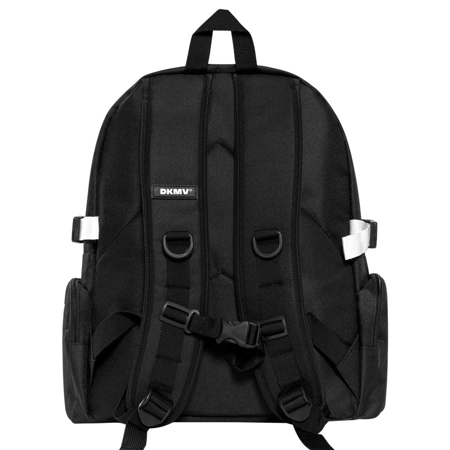 Black backpack with visible brand logo on a white background