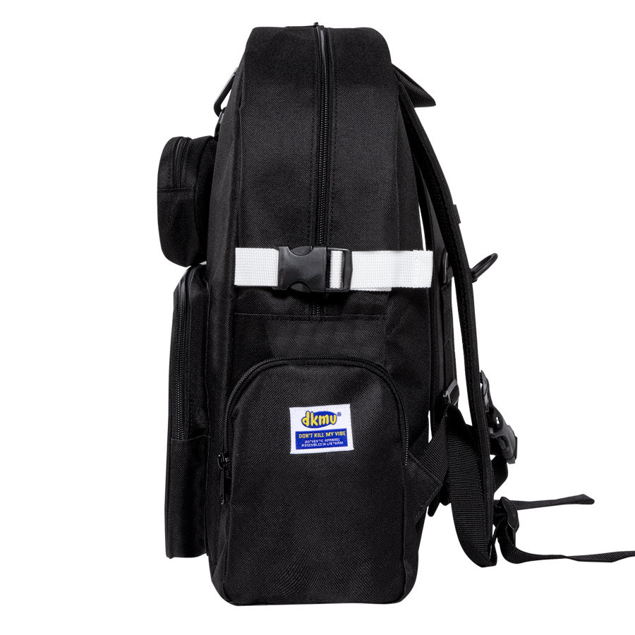 Black backpack with a visible brand label on a white background