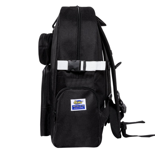 Black backpack with a visible brand label on a white background