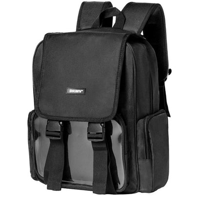 Black backpack with a visible brand logo on a white background