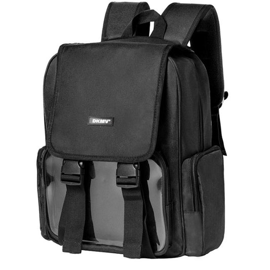 Black backpack with a visible brand logo on a white background