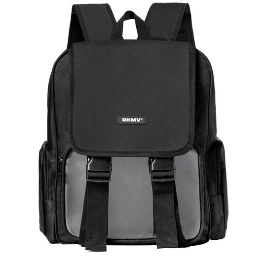 Black and gray backpack with 'DKMV' logo on a white background