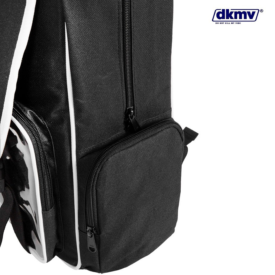 Black backpack with visible brand logo on a white background