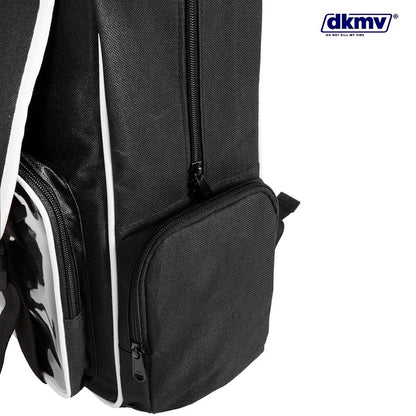 Black backpack with visible brand logo on a white background