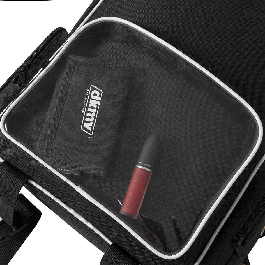 Black makeup bag with a red lip gloss inside, featuring a brand logo.