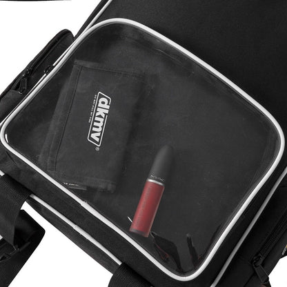 Black makeup bag with a red lip gloss inside, featuring a brand logo.