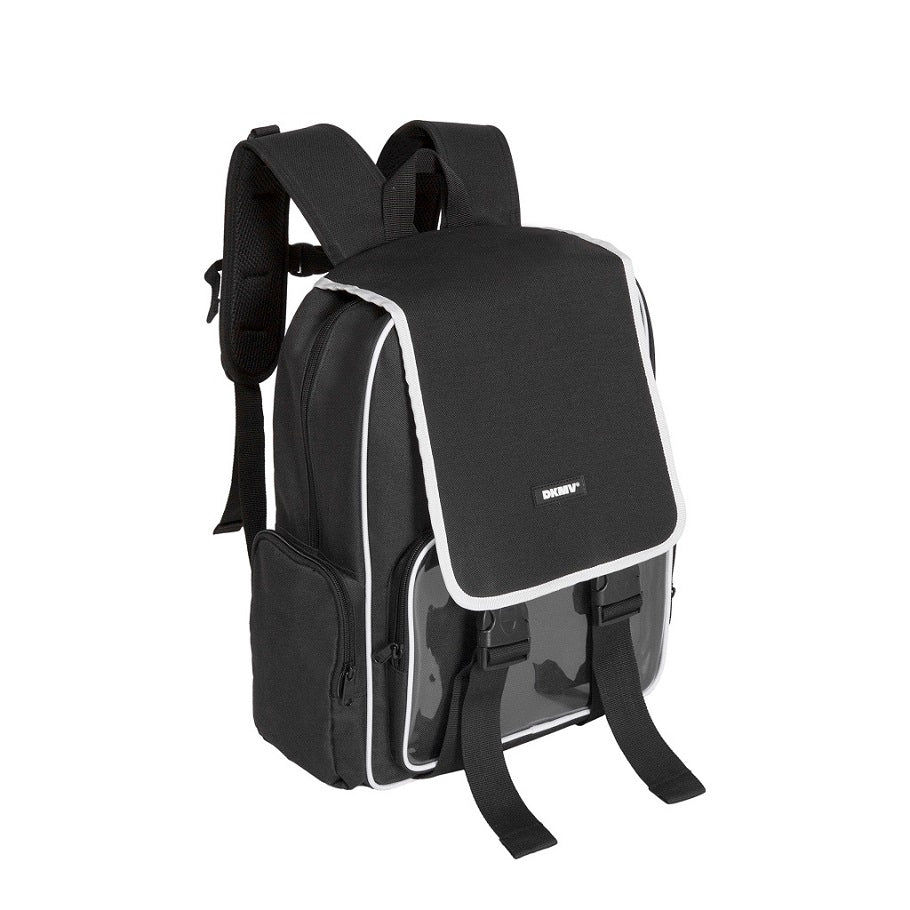 Black backpack with clear front pocket on a white background