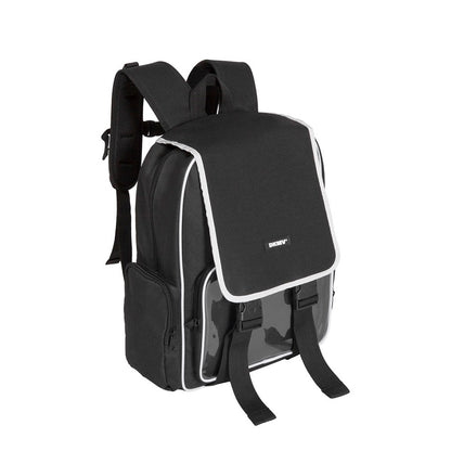 Black backpack with clear front pocket on a white background