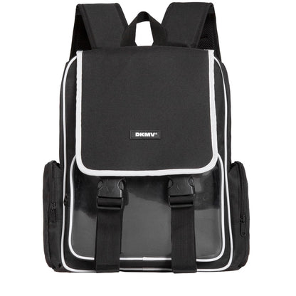 Black backpack with white accents and a visible brand logo on a white background