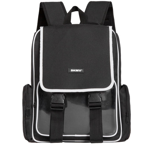Black backpack with white accents and a visible brand logo on a white background
