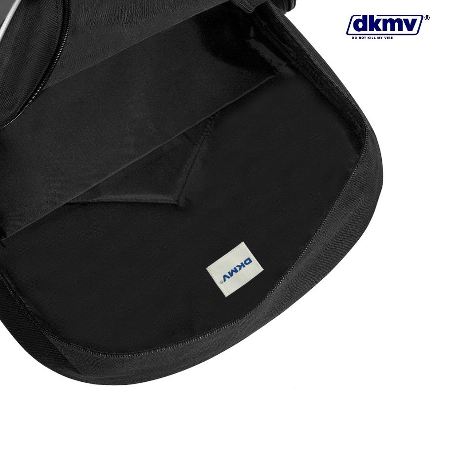 Black backpack with dkmv logo on a white background