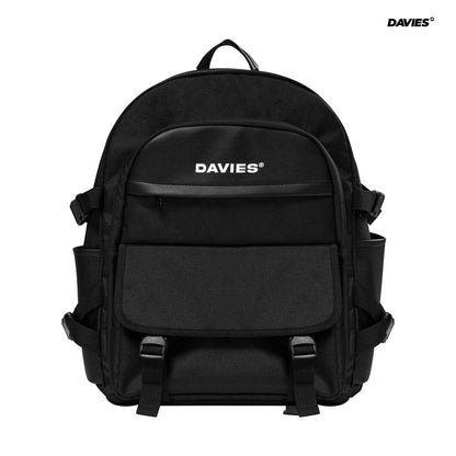 Black backpack with 'DAVIES' logo on a white background