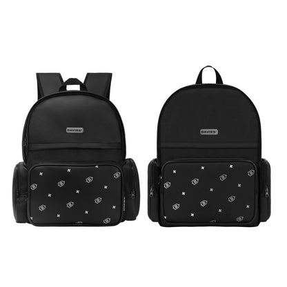 Two black backpacks with decorative patterns on a white background