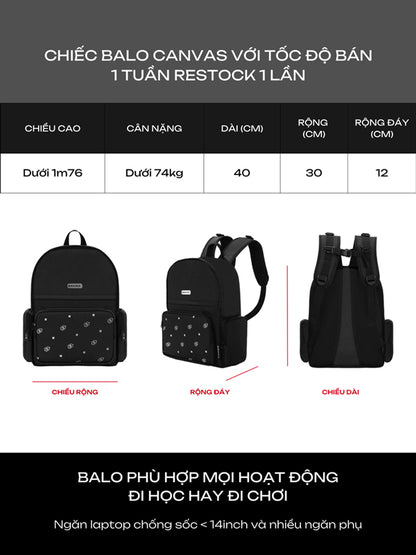 Black backpack with dimensions and features displayed on a gray background