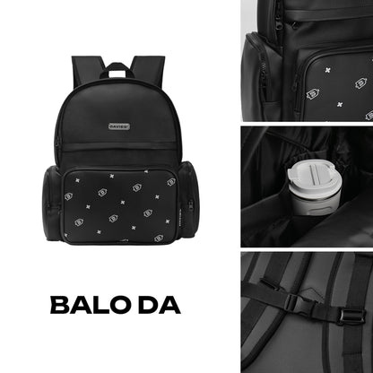 Black backpack with decorative elements and 'BALO DA' branding, shown from multiple angles.