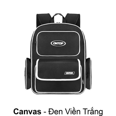 Black backpack with white accents and 'ONTOP' logo on a white background