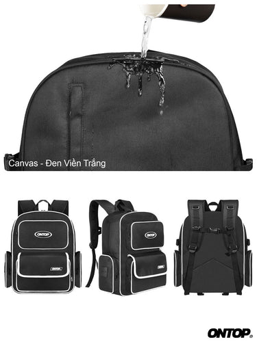 Black backpack with water being poured onto it, followed by three different black backpacks with visible branding.