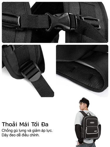 Black backpack with adjustable straps and a person wearing it, featuring text in Vietnamese.