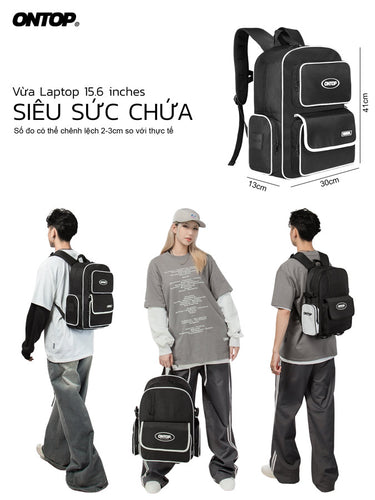 Black backpack with measurement details and people wearing it on a white background