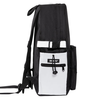 Black and white backpack with a visible brand logo on a white background