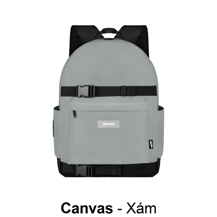 Gray backpack with black accents on a white background