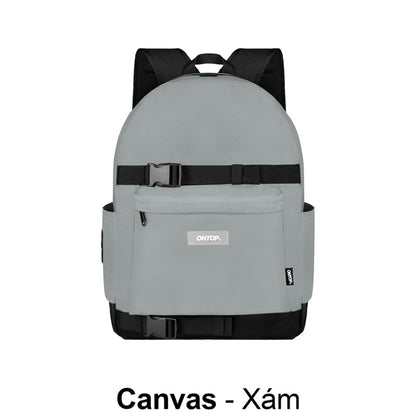 Gray backpack with black accents on a white background