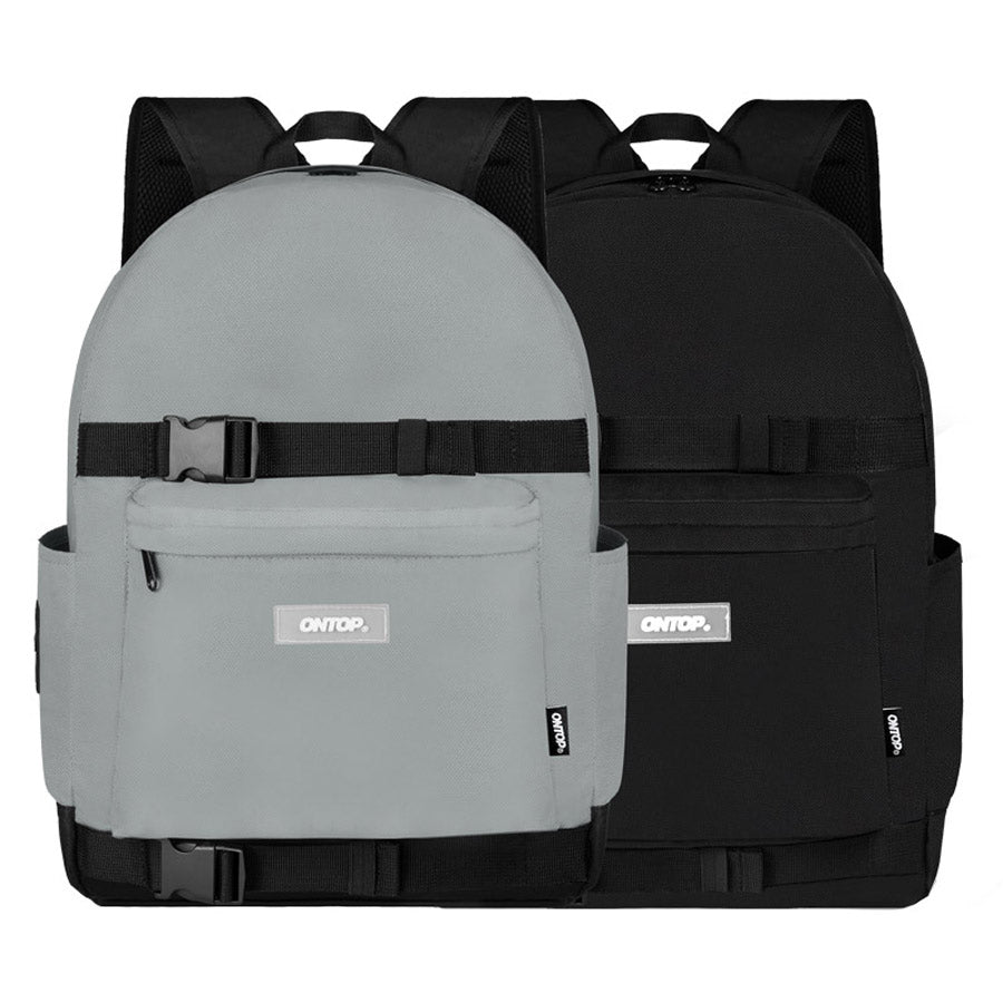 Gray and black backpacks with visible brand logo on a white background