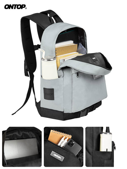 Gray backpack with multiple compartments and a water bottle, featuring the brand 'ONTOP'.