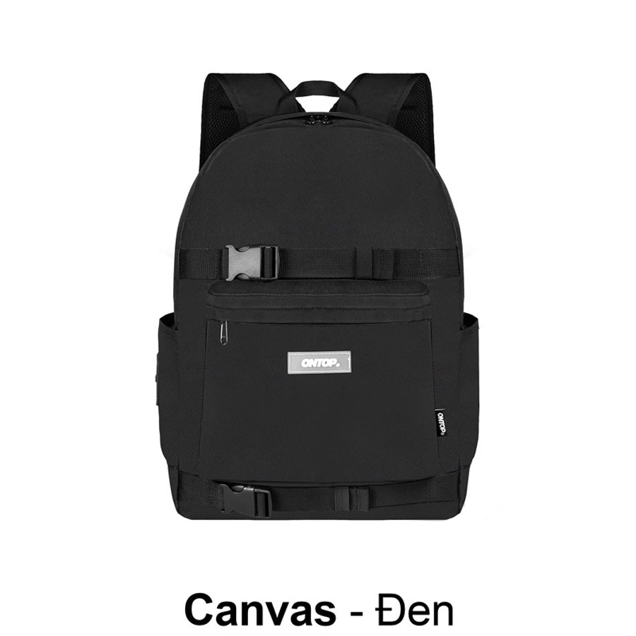 Black backpack with a brand logo on a white background
