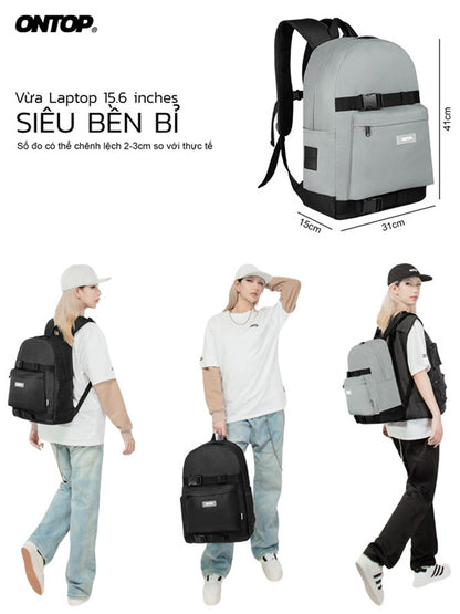 Gray and black backpack with measurements and people wearing it on a white background