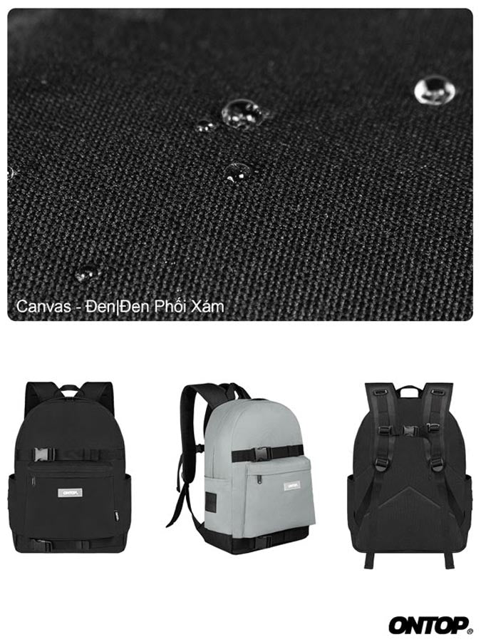Black backpack fabric texture with three backpacks below on a white background